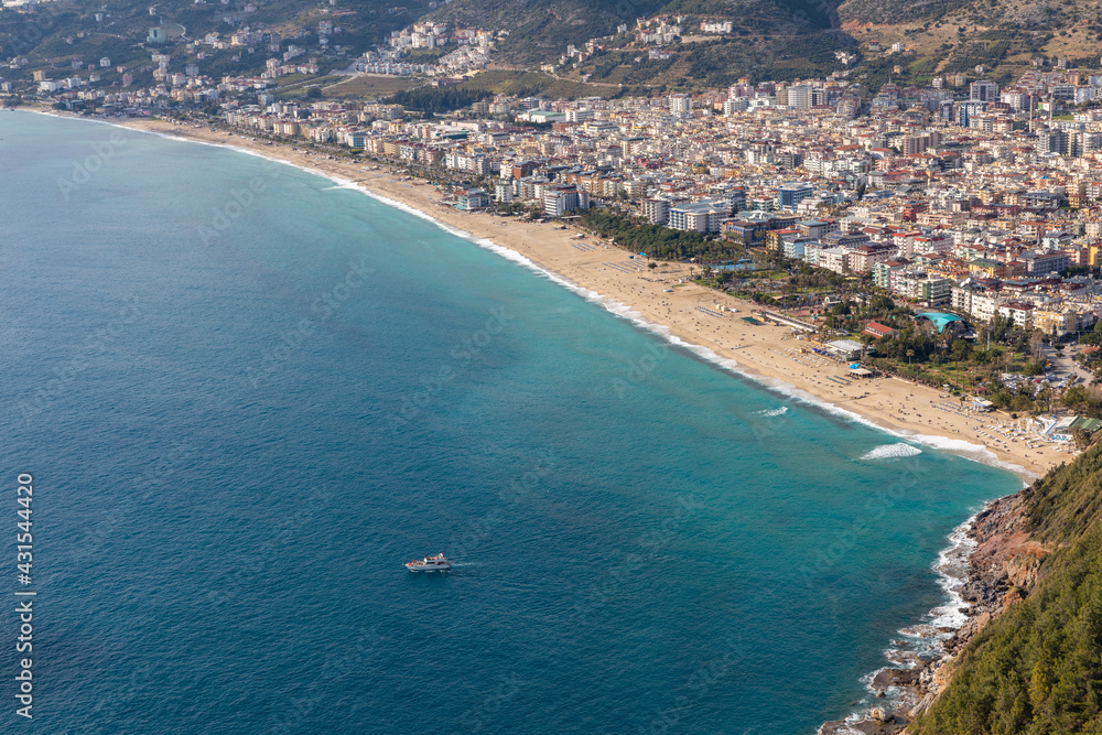 High angle aerial view of Cleopatra Beach during the coronavirus pandemic days in Alanya, Antalya, Turkey in 2021.