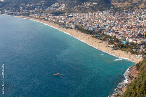 High angle aerial view of Cleopatra Beach during the coronavirus pandemic days in Alanya, Antalya, Turkey in 2021.