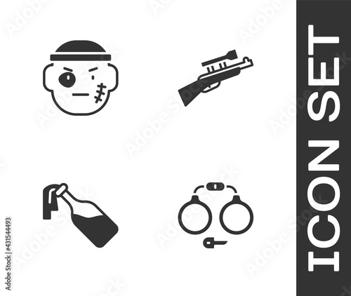 Set Handcuffs, Bandit, Cocktail molotov and Sniper rifle with scope icon. Vector