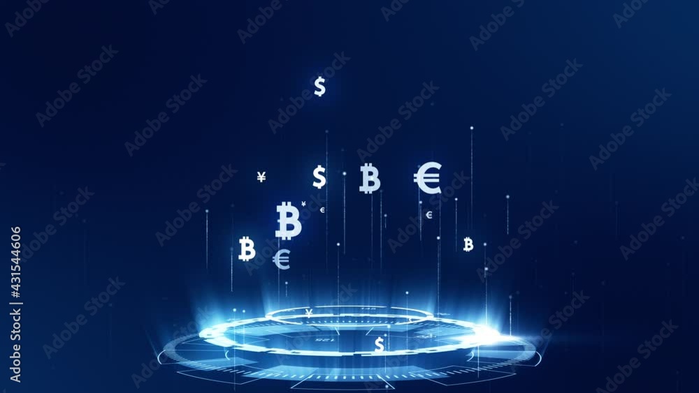 Motion graphic of Blue digital money icon connection with rotation of futuristic circle technology abstract background