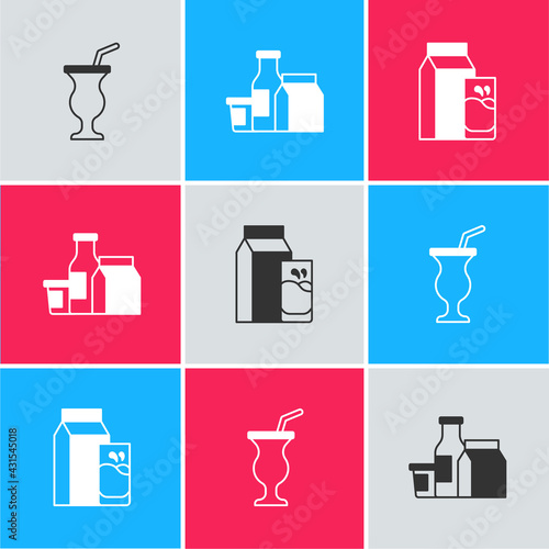 Set Milkshake, product and Paper package for kefir icon. Vector