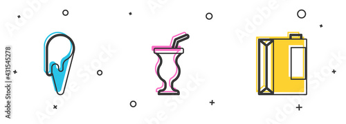 Set Ice cream in waffle cone, Milkshake and Paper package for kefir icon. Vector