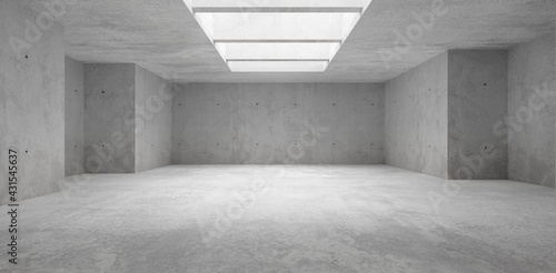 Abstract empty, modern concrete room with open ceiling and light from above, ceiling beams and rough floor - industrial interior background template