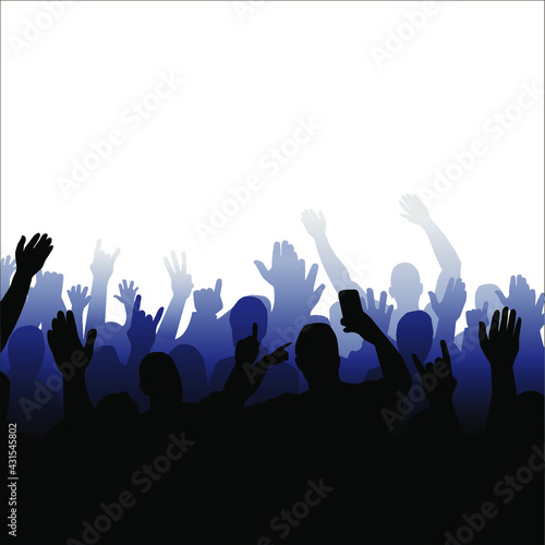 Vector illustration of a silhouette of a crowd of people with raised hands. Isolated image of people.