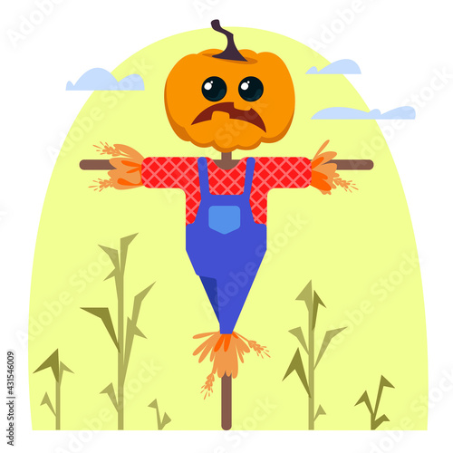A scarecrow with a head instead of a pumpkin with a sad expression on his face stands in the middle of a field of corn on a white isolated background. Vector illustration in cartoon flat style fun