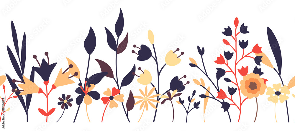 Fototapeta premium Flowers field seamless floral set flat vector illustration