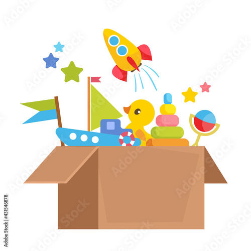 Set of different children s toys in a cardboard box. Order from the online baby store. Vector illustration in cartoon flat style. fun