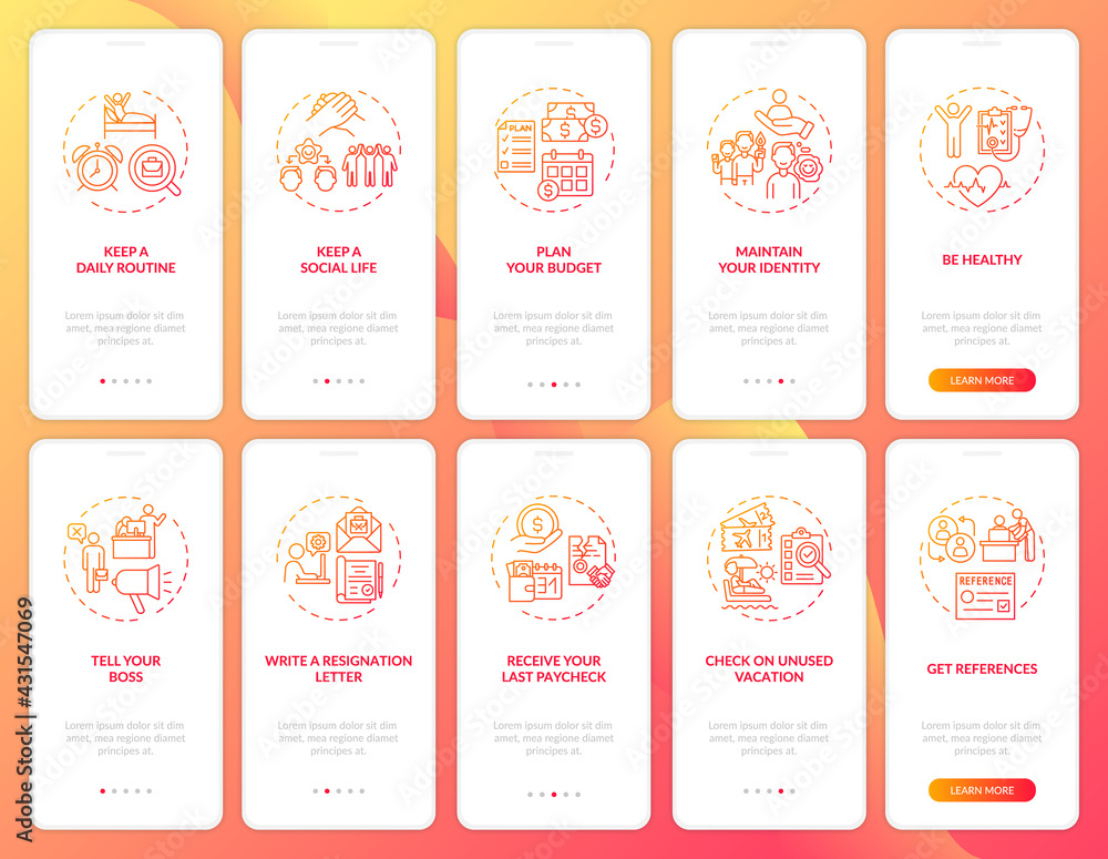 Job transition onboarding mobile app page screen set with concepts