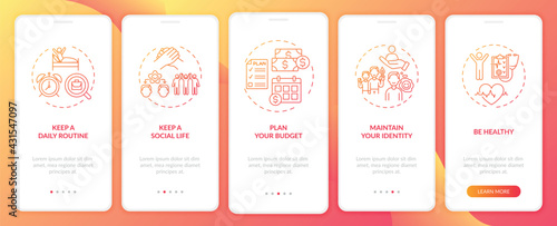 Job transition tips onboarding mobile app page screen with concepts