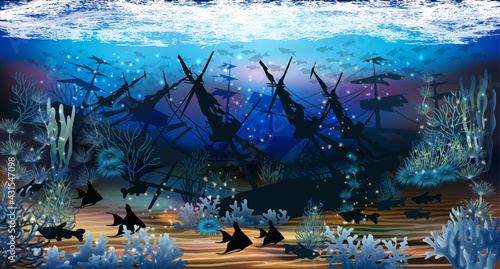 Underwater wallpaper with sunken ship, vector illustration