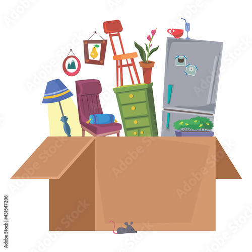 Children s toys for toddlers in a cardboard box. Logo store for newborns. Vector illustration in cartoon flat style fun