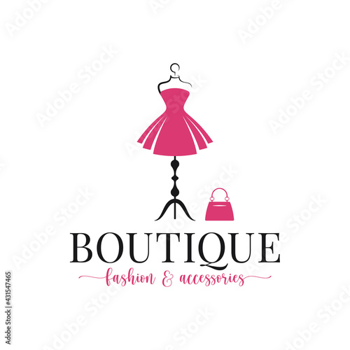 Boutique fashion logo. Mannequin dress and handbag