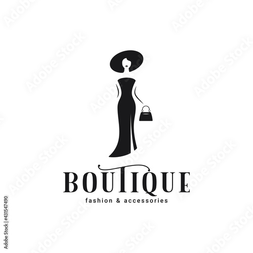 Woman in dress and hat logo. Boutique woman