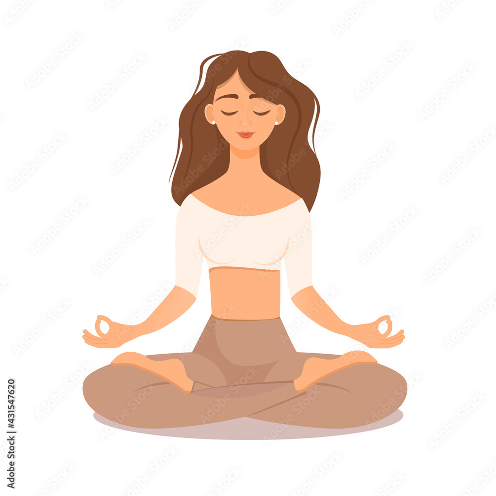 Young brunette girl sitting in lotus pose at home. Vector illustration isolated on white background of the woman doing yoga, meditation, healthy lifestyle. Crossed legs. Pastel color