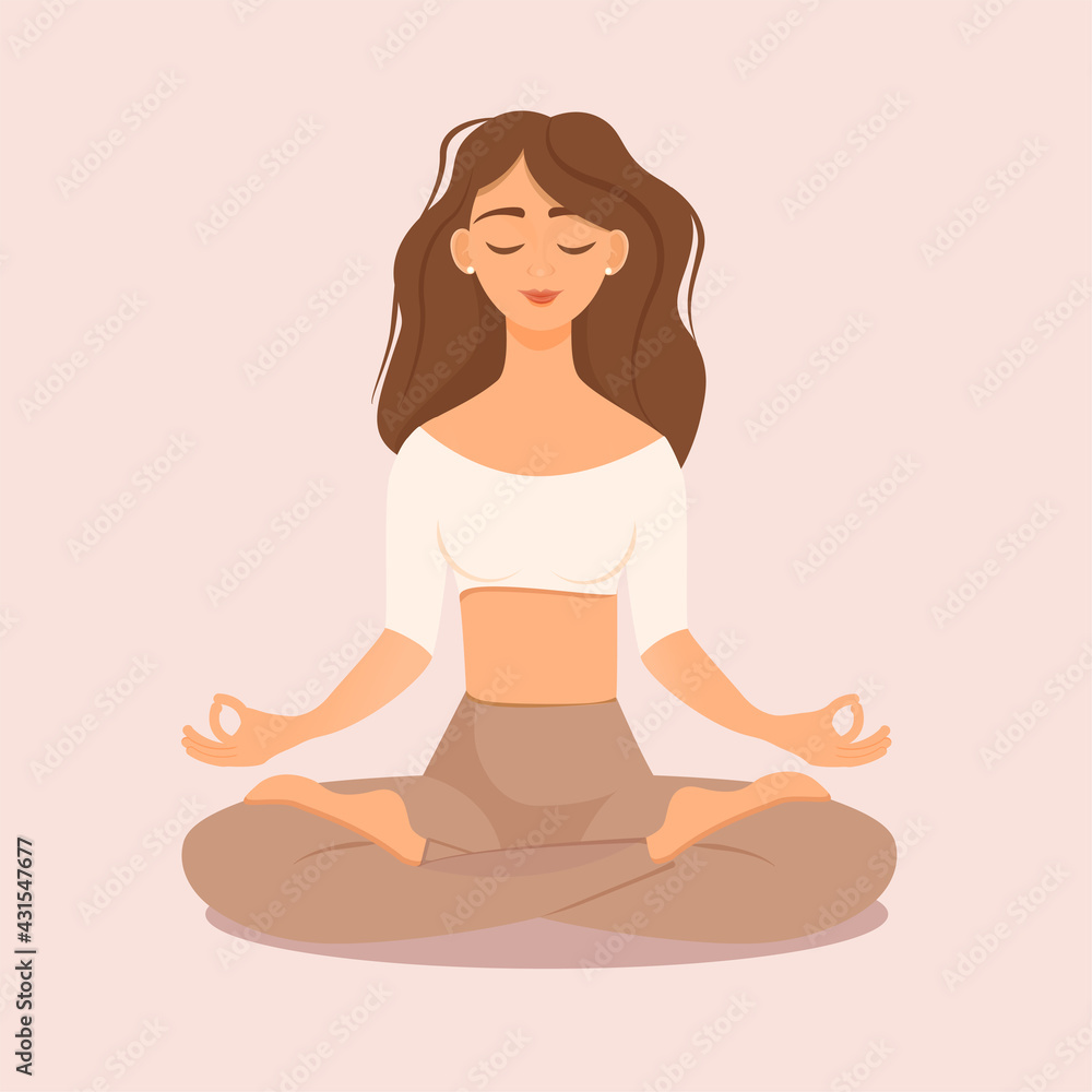Young brunette girl sitting in lotus pose at home. Vector illustration isolated on pink background of the woman doing yoga, meditation, healthy lifestyle. Crossed legs. Pastel color
