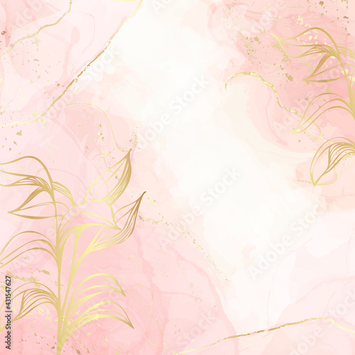 Abstract dusty blush liquid watercolor background with gold floral decoration elements. Pastel pink marble alcohol ink drawing effect and golden branches. Vector illustration of elegant wallpaper
