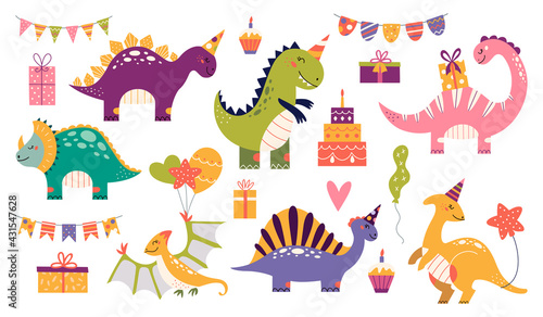 Cartoon cute dinosaurs set for birthday party