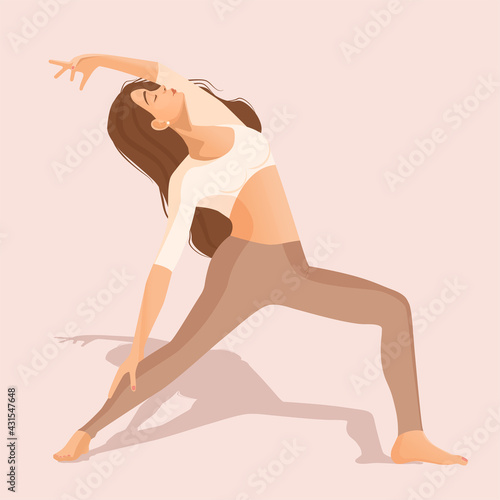 Young brunette girl practices yoga, meditation, dancing, sports, healthy lifestyle at home. Vector illustration of a woman dancer isolated on a pink background. Pastel shades