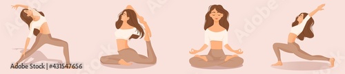 Set of vector illustrations of womens workout. A young brunette girl is engaged in yoga, dance, aerobics, fitness. Collection of female movements and poses on a pink background. Pastel colors