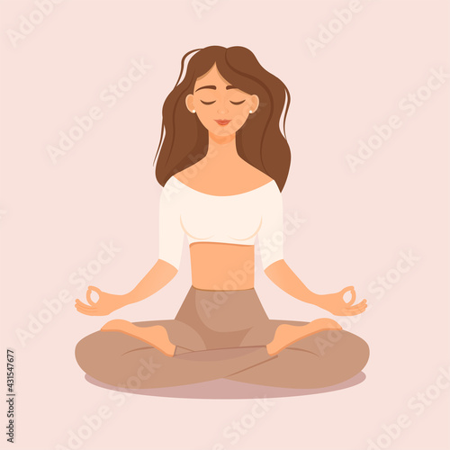 Young brunette girl sitting in lotus pose at home. Vector illustration isolated on pink background of the woman doing yoga, meditation, healthy lifestyle. Crossed legs. Pastel color