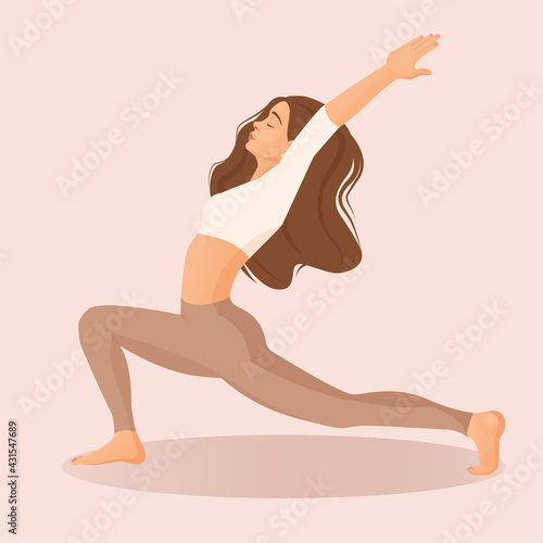 Fototapeta Naklejka Na Ścianę i Meble -  Young brunette girl practices yoga, meditation, dancing, sports, healthy lifestyle at home. Vector illustration of a woman dancer isolated on a pink background. Pastel shades