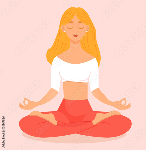 Young blonde girl sitting in lotus pose at home. Vector illustration isolated on pink background of the woman doing yoga, meditation, healthy lifestyle. Crossed legs.