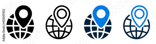 Set of local seo icons. Location on globe, location marker icon. Globe with location marker. Vector illustration.