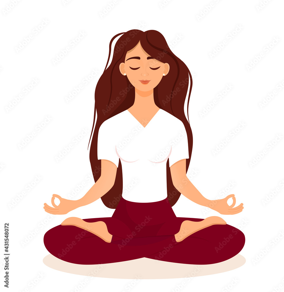 Young brunette girl sitting in lotus pose at home. Vector illustration isolated on white background of the woman doing yoga, meditation, healthy lifestyle. Crossed legs. Young brunette girl sitting in lotus pose at home. Vector illustration isolated on white background of the woman doing yoga, meditation, healthy lifestyle. Crossed legs.