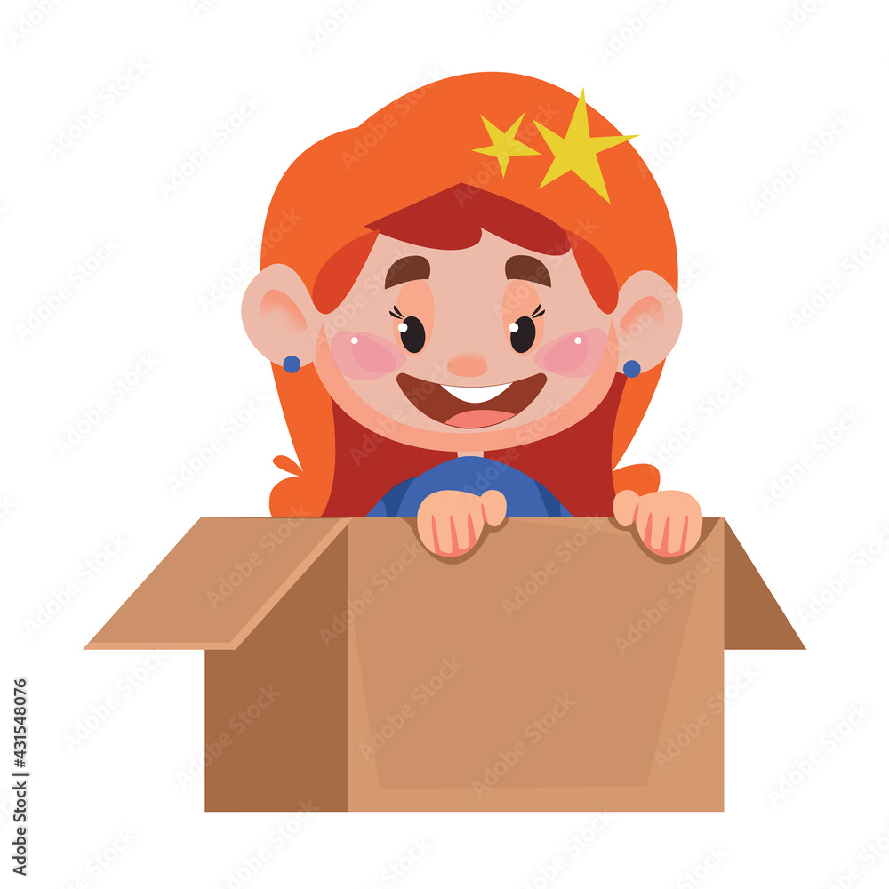 Open cardboard box package with a cute redhead little newborn baby girl inside. Vector illustration in cartoon flat style fun. Open cardboard box package with a cute redhead little newborn baby girl inside. Vector illustration in cartoon flat style fun.