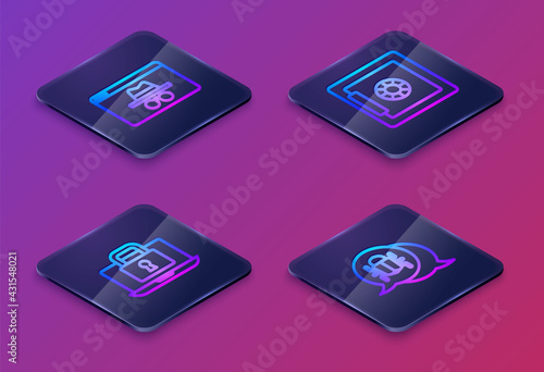 Set Isometric line Browser incognito window, Laptop and lock, Safe and System bug. Blue square button. Vector