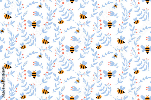 Vector nursery seamless pattern with honey bee