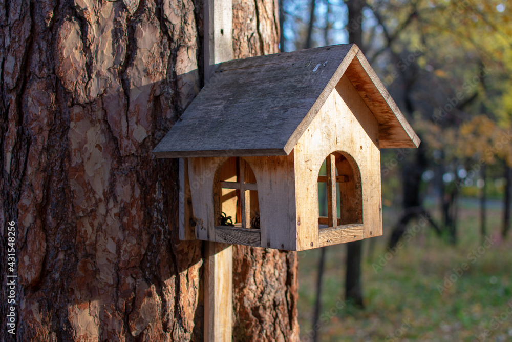 birdhouse on a tree with birds. autumn forest. Photo taken with selective focus and noise effect