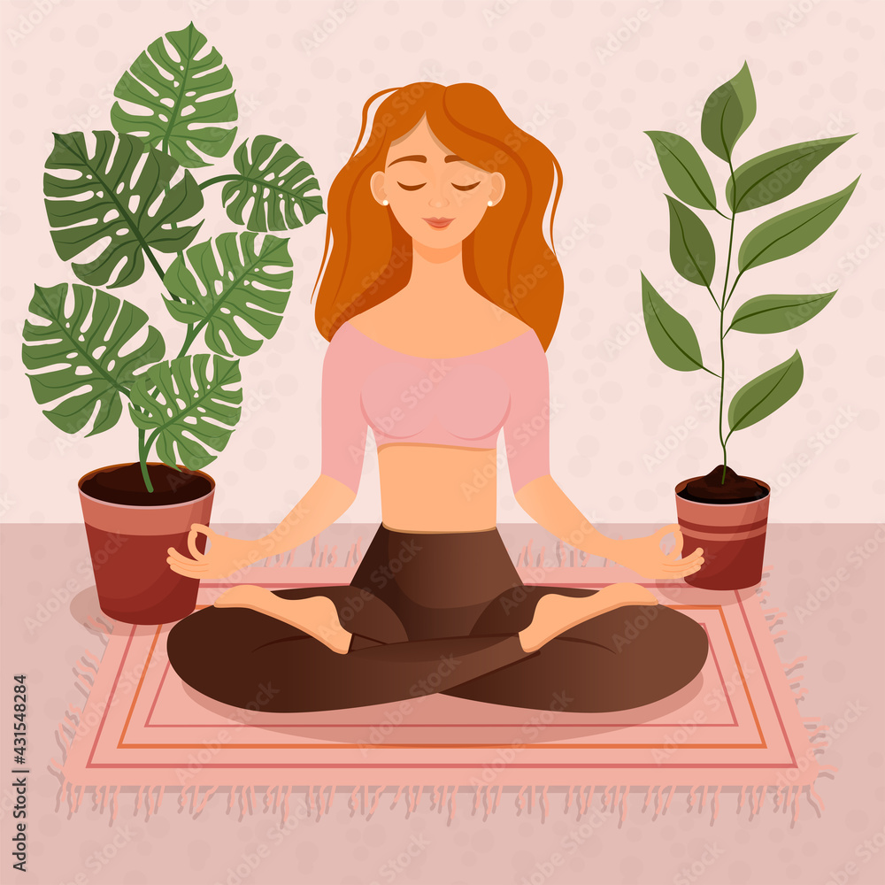 Young red haired girl sitting in lotus pose at home surrounded by plants. Vector illustration of a room with of the woman doing yoga, meditation, healthy lifestyle. Crossed legs. Young red haired girl sitting in lotus pose at home surrounded by plants. Vector illustration of a room with of the woman doing yoga, meditation, healthy lifestyle. Crossed legs.