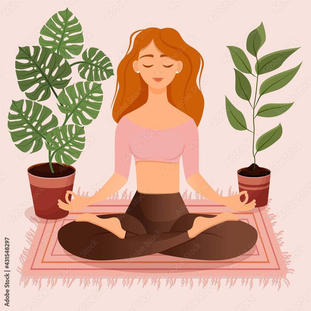 Young red haired girl sitting in lotus pose at home surrounded by plants. Vector illustration of a room with of the woman doing yoga, meditation, healthy lifestyle. Crossed legs. Young red haired girl sitting in lotus pose at home surrounded by plants. Vector illustration of a room with of the woman doing yoga, meditation, healthy lifestyle. Crossed legs.