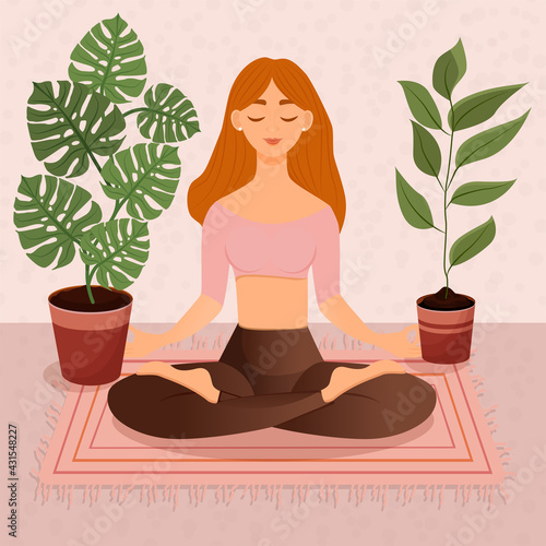 Young red haired girl sitting in lotus pose at home surrounded by plants. Vector illustration of a room with of the woman doing yoga, meditation, healthy lifestyle. Crossed legs.