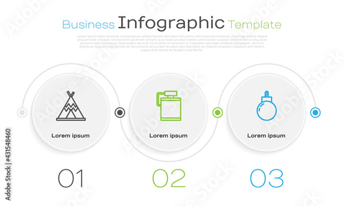 Set line Indian teepee or wigwam, Canteen water bottle and Bomb ready to explode. Business infographic template. Vector