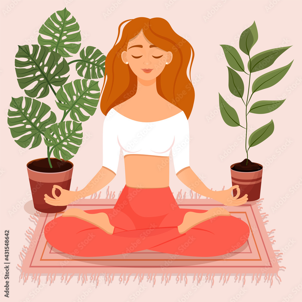 Young red haired girl sitting in lotus pose at home surrounded by plants. Vector illustration of a room with of the woman doing yoga, meditation, healthy lifestyle. Crossed legs.