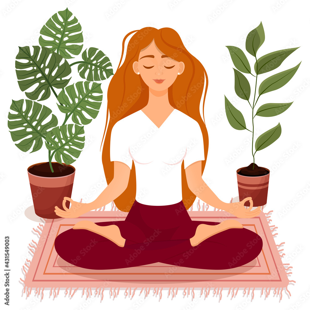 Young red haired girl sitting in lotus pose at home surrounded by plants. Vector illustration of a room with of the woman doing yoga, meditation, healthy lifestyle. Crossed legs. Girl in the interior. Young red haired girl sitting in lotus pose at home surrounded by plants. Vector illustration of a room with of the woman doing yoga, meditation, healthy lifestyle. Crossed legs. Girl in the interior.