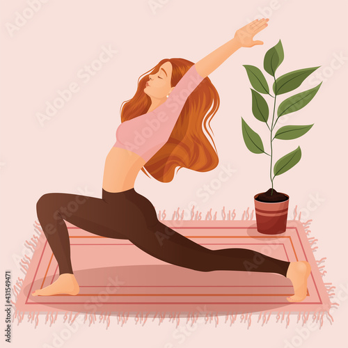 Young red haired girl practices yoga, meditation, dancing, sports, healthy lifestyle at home. Vector illustration of a woman dancer isolated on a pink background.