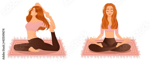 Set of vector illustrations of womens workout. A young red haired girl is engaged in yoga, dance, aerobics, fitness. Collection of female movements and poses on a white background.
