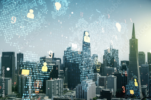 Double exposure of social network icons hologram and world map on San Francisco city skyscrapers background. Marketing and promotion concept