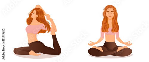Set of vector illustrations of womens workout. A young red haired girl is engaged in yoga, dance, aerobics, fitness. Collection of female movements and poses on a white background.