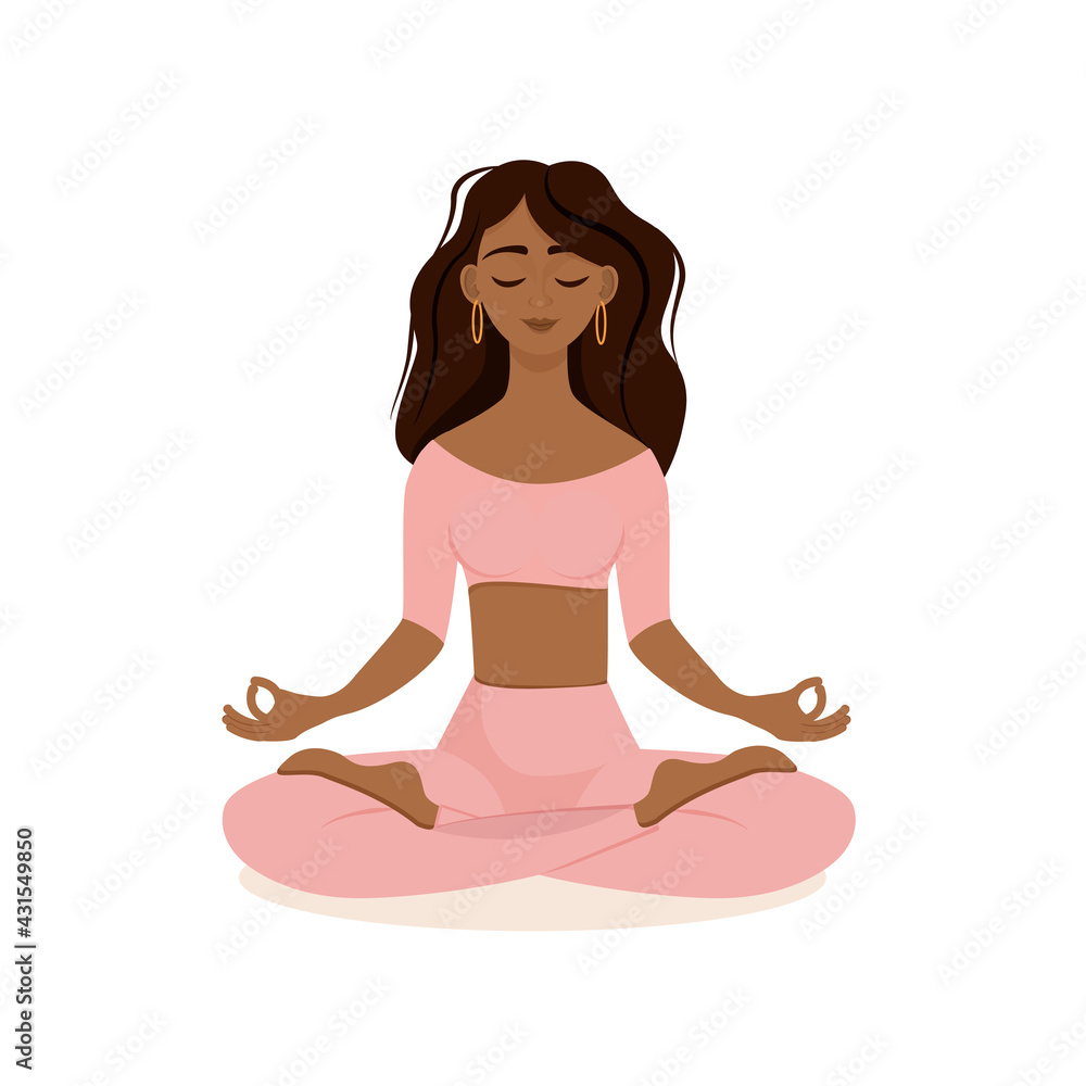 Young brunette girl sitting in lotus pose at home in a pink tracksuit. Vector illustration isolated on white background of the African American woman doing yoga, meditation. Crossed legs. Young brunette girl sitting in lotus pose at home in a pink tracksuit. Vector illustration isolated on white background of the African American woman doing yoga, meditation. Crossed legs.