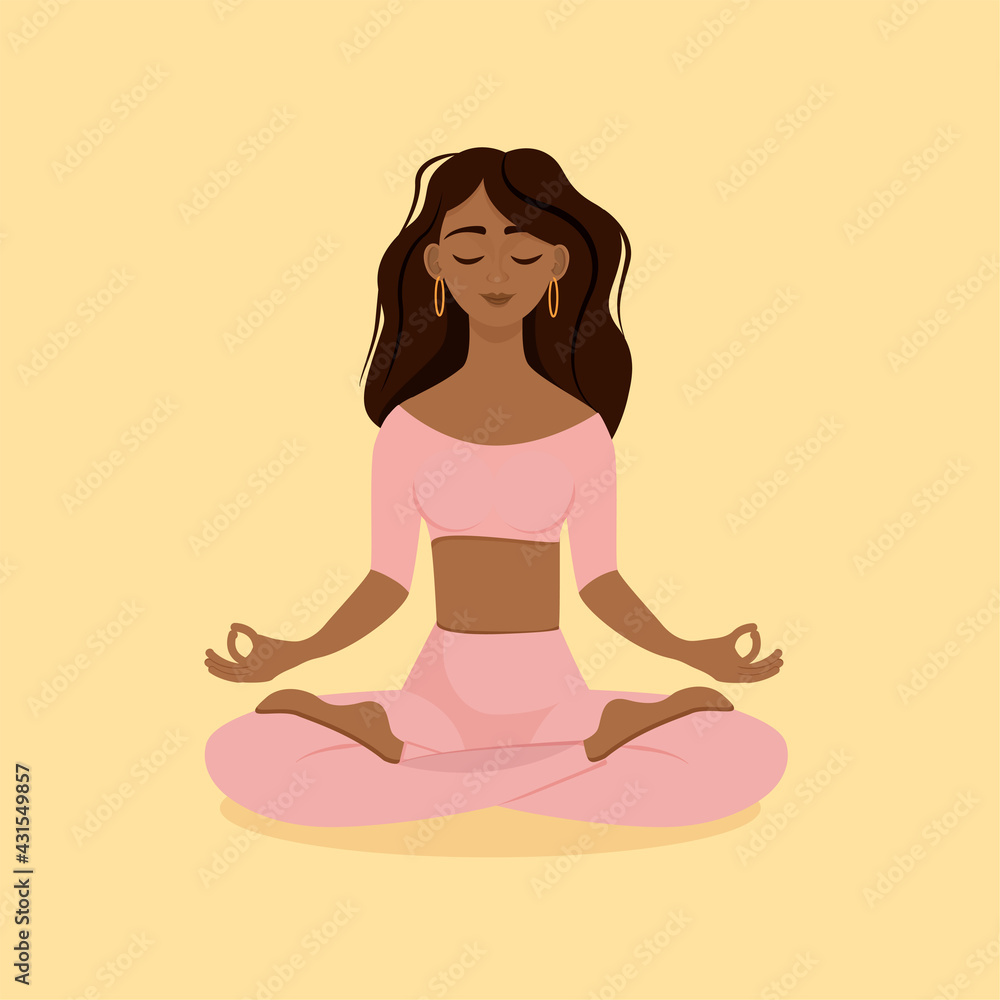 Young brunette girl sitting in lotus pose at home in a pink tracksuit. Vector illustration isolated on yellow background of the African American woman doing yoga, meditation. Crossed legs. Young brunette girl sitting in lotus pose at home in a pink tracksuit. Vector illustration isolated on yellow background of the African American woman doing yoga, meditation. Crossed legs.