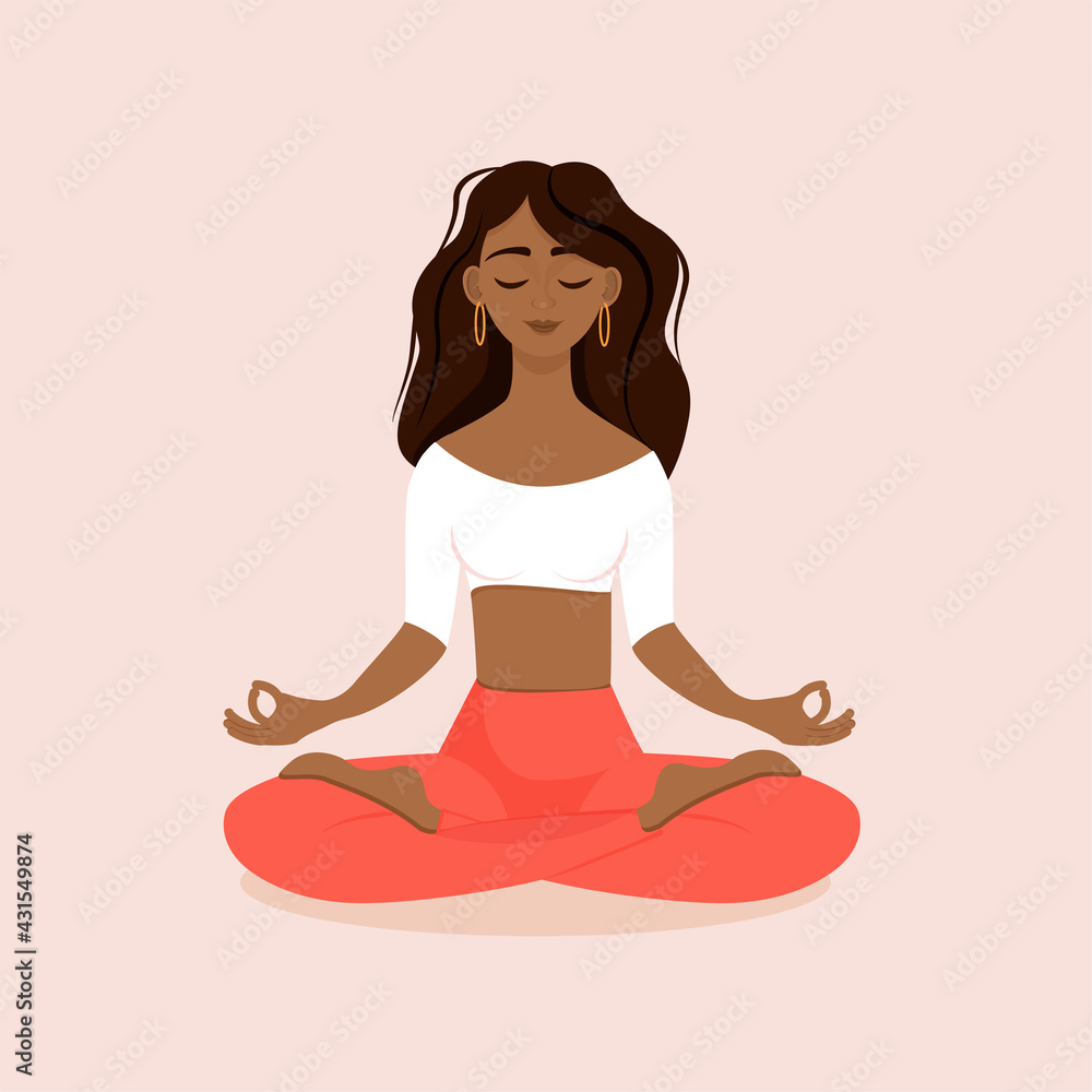Young brunette girl sitting in lotus pose at home. Vector illustration isolated on pink background of the African American woman doing yoga, meditation, healthy lifestyle. Crossed legs. Young brunette girl sitting in lotus pose at home. Vector illustration isolated on pink background of the African American woman doing yoga, meditation, healthy lifestyle. Crossed legs.