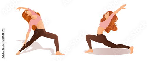 Set of vector illustrations of womens workout. A young red haired girl is engaged in yoga, dance, aerobics, fitness. Collection of female movements and poses on a white background.