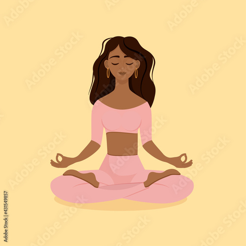 Young brunette girl sitting in lotus pose at home in a pink tracksuit. Vector illustration isolated on yellow background of the African American woman doing yoga, meditation. Crossed legs.