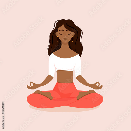 Young brunette girl sitting in lotus pose at home. Vector illustration isolated on pink background of the African American woman doing yoga, meditation, healthy lifestyle. Crossed legs.