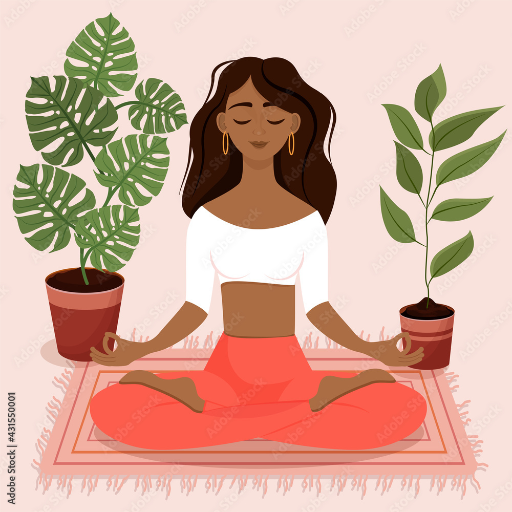 Young brunette girl sitting in lotus pose at home surrounded by plants. Vector illustration of a room with of the African American woman doing yoga, meditation, healthy lifestyle. Crossed legs. Young brunette girl sitting in lotus pose at home surrounded by plants. Vector illustration of a room with of the African American woman doing yoga, meditation, healthy lifestyle. Crossed legs.