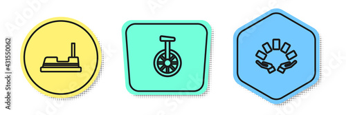 Set line Bumper car, Unicycle or one wheel bicycle and Hand holding playing cards. Colored shapes. Vector